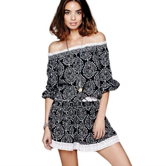 Free People Floral Off Shoulder Mini Dress Small Black Crochet Mini Cottage Boho - Picture 1 of 13